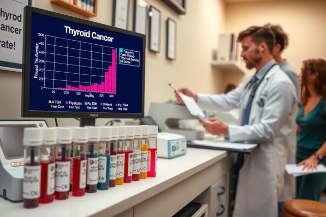 The image depicts a medical or scientific setting with a screen displaying a graph about thyroid cancer prevalence. There are individuals, possibly doctors and researchers, standing around discussing the data shown on the graph. On the table in front of them, there is a collection of lab bottles with various colored liquids that could be related to medical testing or research.