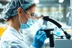 Scientist in lab coat and mask examines a microscope slide. The scene takes place in a modern laboratory with equipment visible in the background. Focus on research and scientific work.