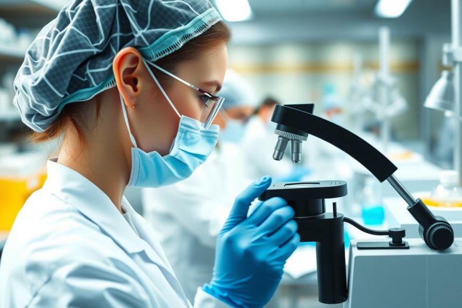 Scientist in lab coat and mask examines a microscope slide. The scene takes place in a modern laboratory with equipment visible in the background. Focus on research and scientific work.