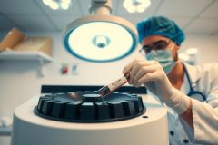 Lab technician in scrubs and mask placing a blood sample tube into a centrifuge. Healthcare environment, sterile setting, focus on precision and medical procedures. White, red, and blue color palette.