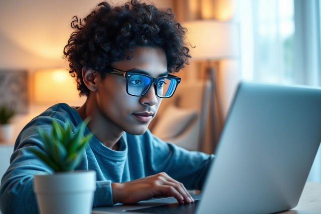 Young man with curly hair and blue light glasses working on a laptop at home. Focus is on his face and hands typing. Warm lighting with a cozy, domestic setting including a potted plant. Represents remote work, studying, or online learning.