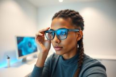 Portrait of a young Black woman with braided hair wearing blue glasses and working at a computer in a modern office. The scene features cool blue tones and a focused, professional atmosphere. Digital workspace, technology, and eyewear are key elements.