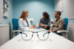 Eye exam scene: Glasses in focus on a table, with a blurred background showing an optometrist and patients in a bright blue examination room. Healthcare, vision care, and eyewear concepts are represented.