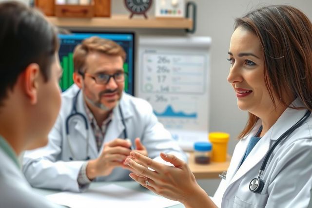This image portrays a professional environment where medical professionals are gathered. There is a doctor engaging with a patient who appears to be sharing symptoms or experiences for diagnosis. Another doctor observes the interaction, suggesting a collaborative and attentive consultation atmosphere. 