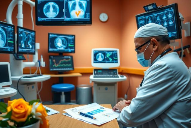The image depicts a medical professional, possibly a doctor or radiologist, in what appears to be an advanced medical imaging room. The person is wearing protective gear including a surgical mask and scrubs. Surrounding the individual are multiple computer monitors displaying various medical images such as X-rays and CT scans, which suggests that they might be reviewing patient cases or conducting research related to medical imaging.