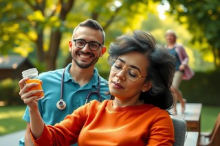 A man and woman are in a park setting, with the woman appearing to be relaxed and resting. The man is standing close by, smiling at her and holding a small cup that could possibly contain medication or tea. He's wearing glasses and has a stethoscope around his neck, suggesting he might be a doctor or medical professional.