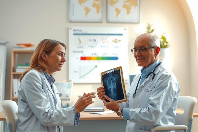 The image depicts a professional medical setting. A woman, possibly a doctor or nurse, is standing near the left side of the frame. She is dressed in what appears to be a white coat, which suggests she may have a healthcare background. She is engaged in conversation with an older man who seems to be a patient. The man is holding up his X-ray on a tablet for the doctor's examination. They are both looking at the screen together, suggesting a consultation or assessment session. 