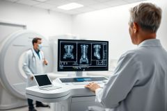 Medical imaging in a modern clinic. Doctors examine CT scans on a monitor, with an MRI machine visible in the background. White and gray tones dominate, showcasing a clean, professional healthcare environment. Focus on diagnostic imaging and medical technology.