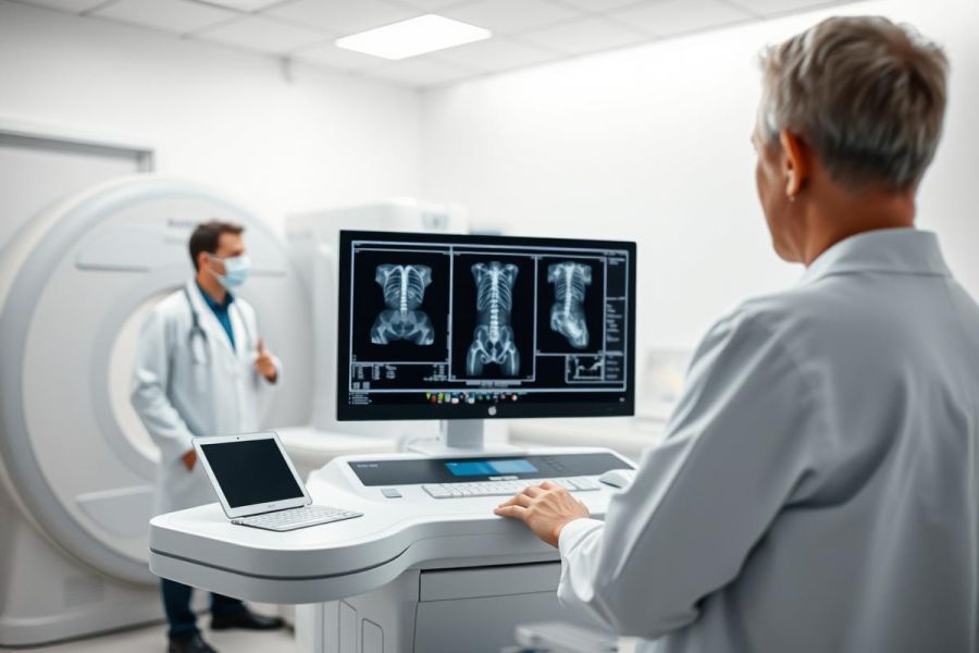 Medical imaging in a modern clinic. Doctors examine CT scans on a monitor, with an MRI machine visible in the background. White and gray tones dominate, showcasing a clean, professional healthcare environment. Focus on diagnostic imaging and medical technology.
