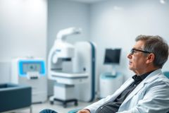 Doctor in a modern medical clinic examining a sophisticated diagnostic imaging machine. The scene features a clean, white environment with blue accent lighting. Focus is on the professional in a lab coat and glasses, suggesting advanced healthcare technology and diagnostics.