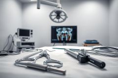 Surgical instruments and laparoscopic equipment on a sterile white table in an operating room. A monitor displays a spinal MRI scan. Bright, focused lighting illuminates the scene, suggesting a modern medical procedure.
