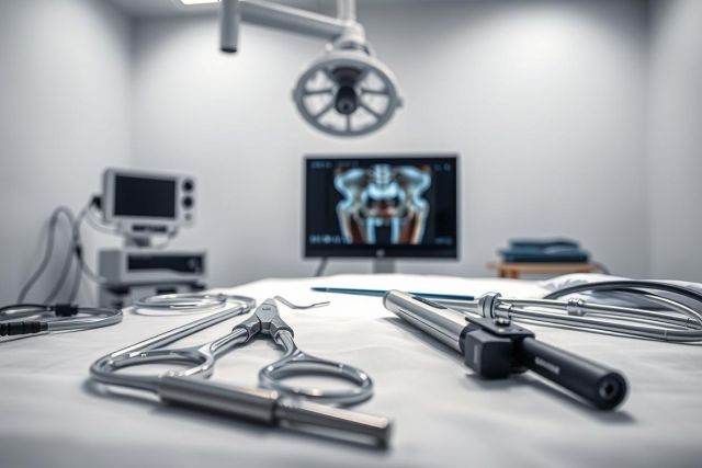 Surgical instruments and laparoscopic equipment on a sterile white table in an operating room. A monitor displays a spinal MRI scan. Bright, focused lighting illuminates the scene, suggesting a modern medical procedure.