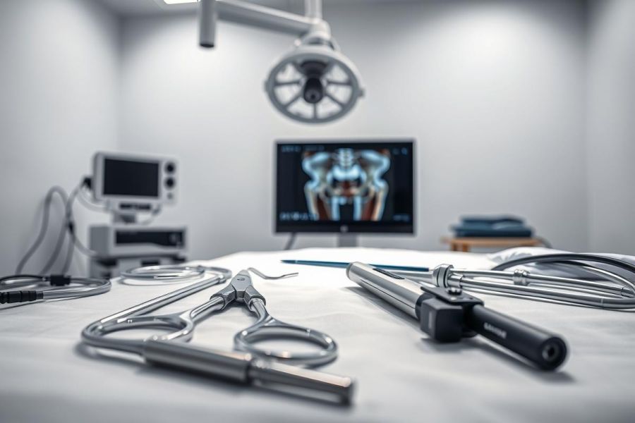 Surgical instruments and laparoscopic equipment on a sterile white table in an operating room. A monitor displays a spinal MRI scan. Bright, focused lighting illuminates the scene, suggesting a modern medical procedure.