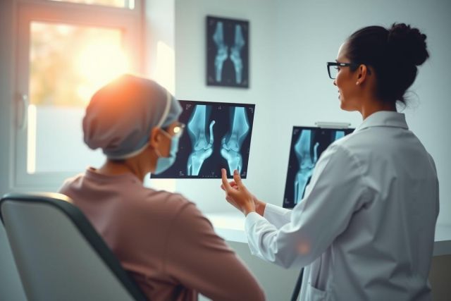 Doctor examining an X-ray of a knee joint in a medical setting. Focus on diagnostic imaging and healthcare professional consulting with a patient. Bright and clinical environment.