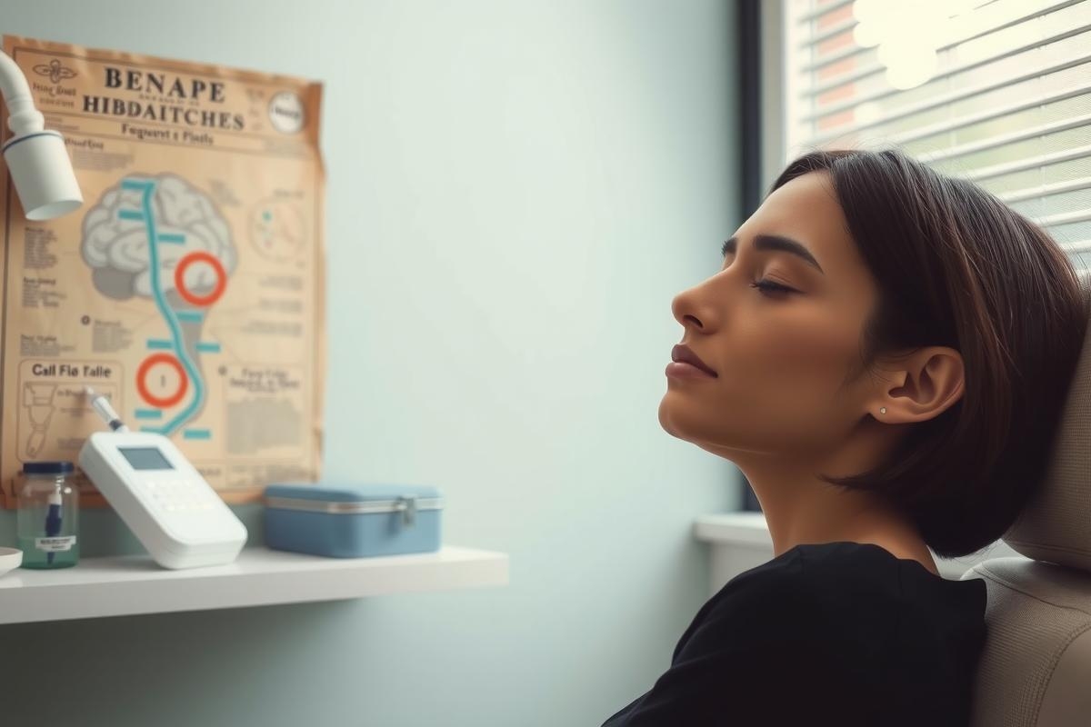 This is a photo of a woman in a professional setting, likely a doctor's office or clinic. She appears to be seated and possibly being examined by a healthcare professional.