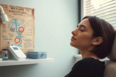 This is a photo of a woman in a professional setting, likely a doctor's office or clinic. She appears to be seated and possibly being examined by a healthcare professional.