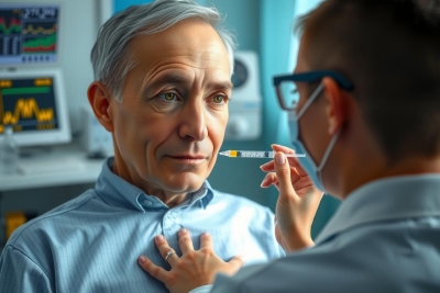 The image features a male medical patient sitting in front of a medical professional, presumably a nurse or physician. The man appears to be middle-aged and is wearing glasses with a light tint.