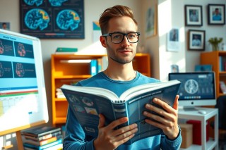 A young man wearing glasses sits in an office environment, engrossed in reading a book with scientific diagrams. The setting includes shelves with various books and medical models.