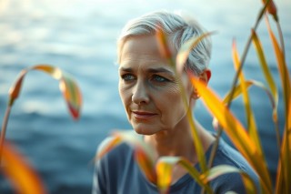 Woman with gray hair sits beside a body of water, surrounded by autumn leaves. She is looking thoughtfully into the distance, with her profile facing the camera.