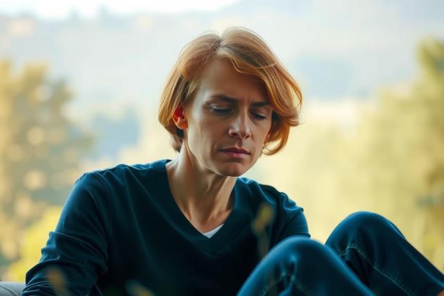 The image features a middle-aged woman with short hair, wearing a dark top. She is seated outdoors on what appears to be a sunny day, given the bright lighting and clear sky in the background. Her expression is serious, and she seems deep in thought or possibly contemplating something.