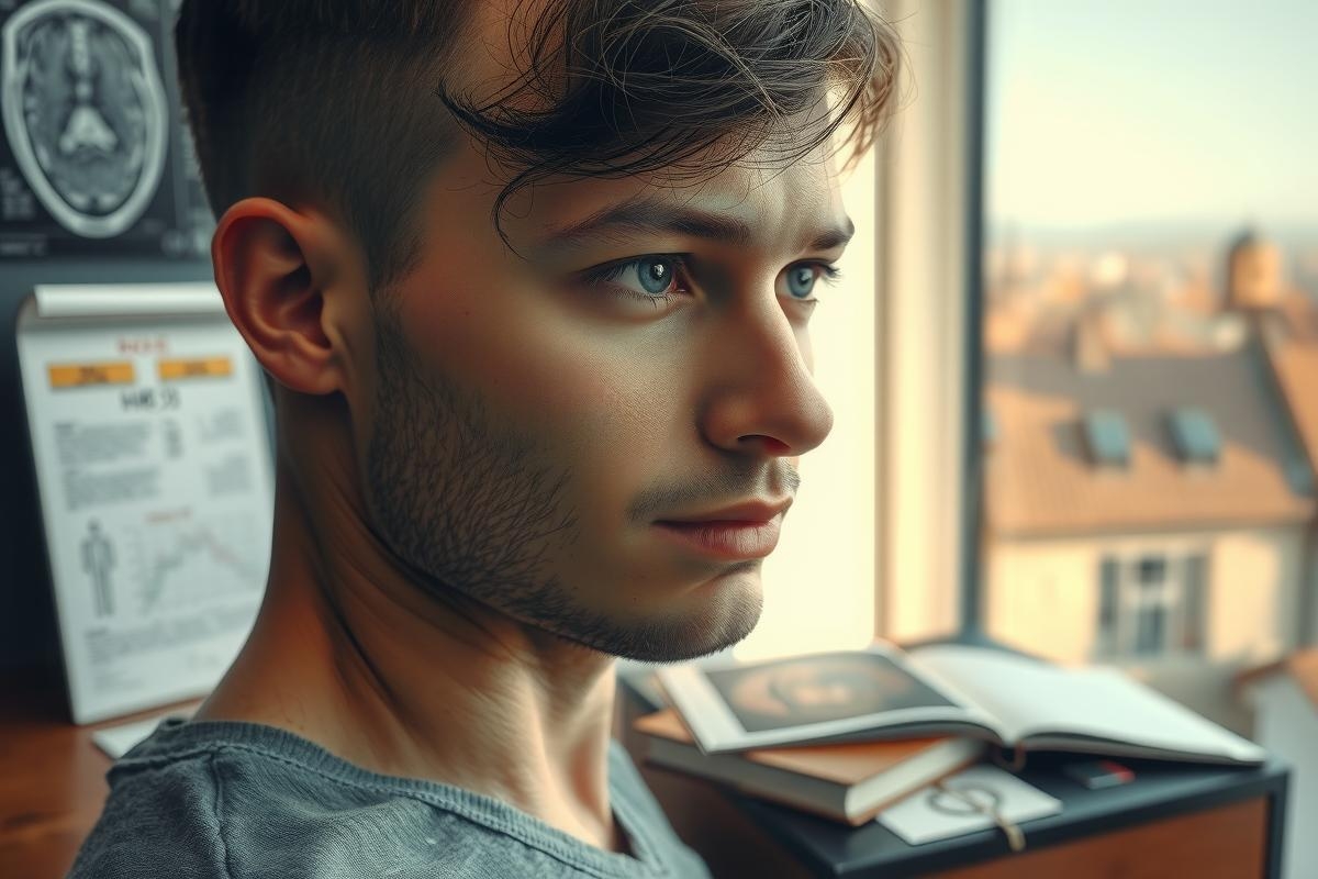 The image features a man looking to the side with an introspective or contemplative expression. He is indoors, possibly in an office environment as suggested by the presence of books and papers on a desk.