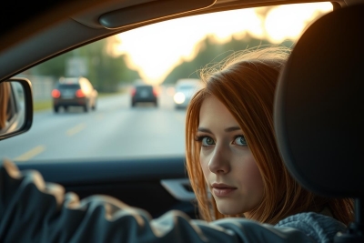 The image depicts a young woman driving a car. She is in the driver's seat, wearing casual attire with a black and white patterned top. The interior of the car has visible air vents and there are indicators of the time being either early morning or late afternoon due to the low light and long shadows.