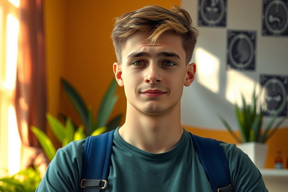 The image shows a young man sitting in an indoor setting. He appears to be looking directly at the camera, possibly engaged in a conversation or interview. His expression is neutral, and he has light brown hair.
