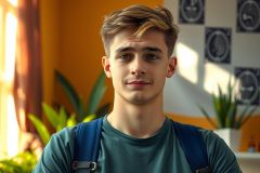 The image shows a young man sitting in an indoor setting. He appears to be looking directly at the camera, possibly engaged in a conversation or interview. His expression is neutral, and he has light brown hair. 