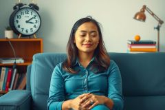 The image depicts a woman sitting on a blue couch in a room that appears to be an office or living space. She is wearing a dark blazer over a lighter-colored blouse and has her hands together, suggesting she might be engaged in a conversation or presentation. 