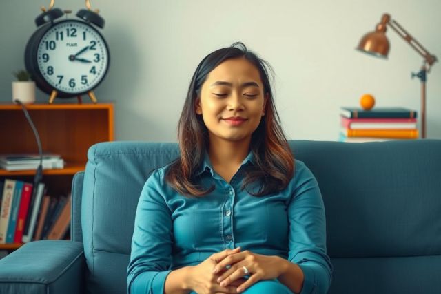 The image depicts a woman sitting on a blue couch in a room that appears to be an office or living space. She is wearing a dark blazer over a lighter-colored blouse and has her hands together, suggesting she might be engaged in a conversation or presentation. 