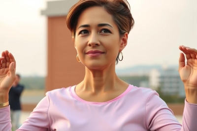 Woman with short hair and earrings, dressed in a pink shirt, standing outside, making peace signs with her hands while smiling.