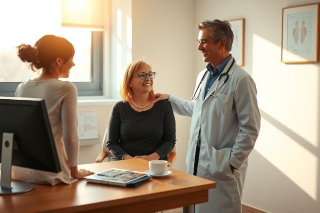 The image shows a professional medical setting. There are three individuals present: a doctor, a patient, and another woman who appears to be an administrative staff member or perhaps the doctor's assistant. The doctor is wearing a white coat over a dark shirt, which signifies their medical profession.