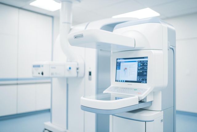 A sophisticated medical diagnostic machine sits in a bright, sterile clinical environment. The device features a digital screen displaying medical data, a control panel, and a sleek white and light blue design. 