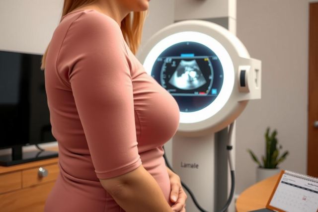 A woman in a pink dress stands in front of an ultrasound machine, which displays an image of the breast on a screen, suggesting that this is likely a routine checkup in the early stages of the disease.