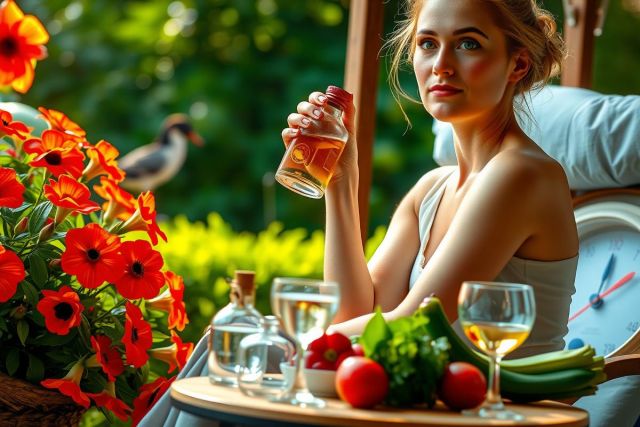 The image portrays a woman seated outdoors at a table laden with fresh produce and beverages. She is gazing into the distance, possibly enjoying her surroundings or daydreaming. The setting includes potted plants adding a touch of greenery to the scene. The environment suggests a leisurely outdoor dining experience in a relaxed atmosphere.