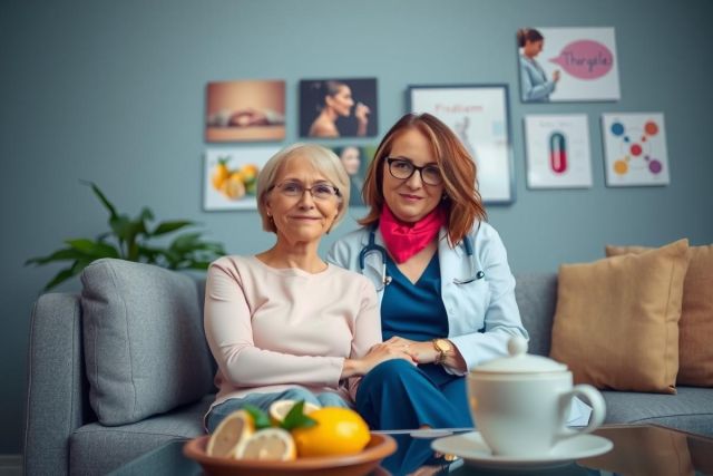 The image depicts two women in a cozy, well-decorated living room. The younger woman is seated on the couch next to an older woman who is wearing glasses and a scarf. They both seem engaged in a friendly interaction, possibly discussing or viewing something of interest together.