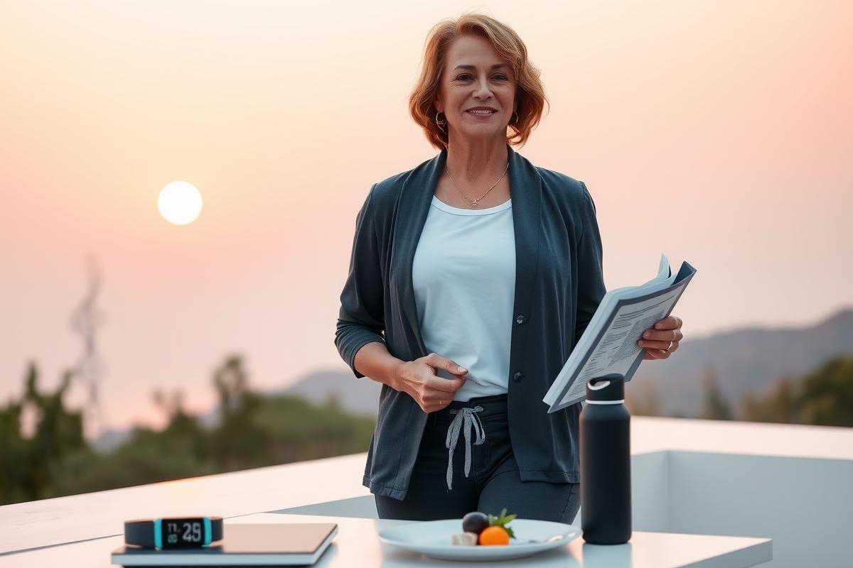 This is a professional businesswoman standing in front of a beautiful sunset. She is appears to be reviewing or discussing papers, suggesting a work-related meeting or preparation for a presentation. Her attire consists of a dark jacket over a light top.