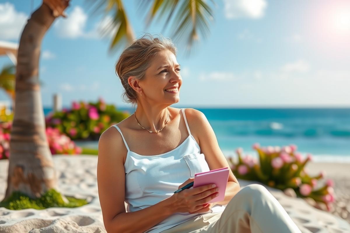 In the image, a woman is seen sitting on the beach and enjoying her time. She is wearing a white sleeveless top and has a smile on her face. She is holding a pink device that looks like a smartphone or tablet. The setting is serene with palm trees and a clear sky.