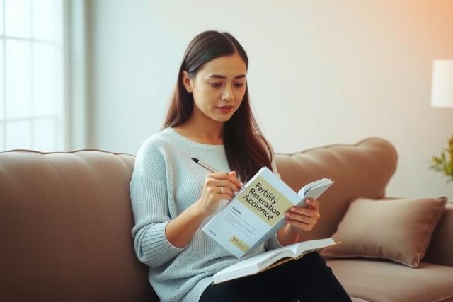 The image depicts a young woman sitting on a couch, deeply engrossed in reading a book. She is holding a pen and taking notes or annotations on the pages of her book. The setting suggests an indoor living space with natural light coming through the window behind her.