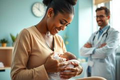 Mother breastfeeding her newborn baby in a doctor's office. A smiling doctor observes. Soft blue walls and warm lighting create a comforting scene focused on maternal health and infant care.