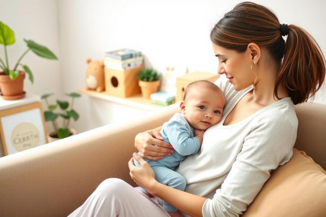 A young woman sitting on a couch, holding and nurturing a baby. The setting appears to be a cozy living room with greenery and natural light. Both mother and child are smiling, conveying a sense of happiness and bonding.