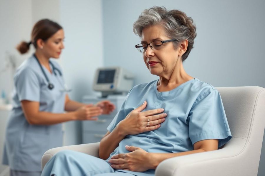 Senior woman in a medical gown sits in a chair, holding her chest, with a nurse in the background in a hospital setting. Blue tones dominate the scene, depicting patient care and healthcare services.