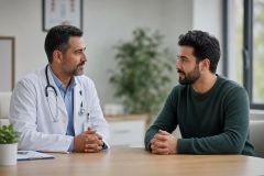 Doctor and patient seated across a desk in a calm clinic consultation discussing treatment options.