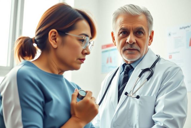 Doctor examining a patient in a clinic. The physician, wearing a white coat and stethoscope, is looking at the woman. Medical checkup, healthcare, and patient care are key themes.