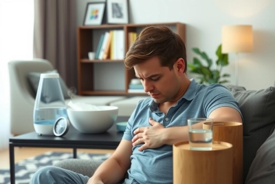 The image shows a man sitting on a couch in a modern living room. He appears to be resting his chin on his hand, possibly daydreaming or deep in thought. The room has a minimalist design with a neutral color scheme and contemporary furniture. 
