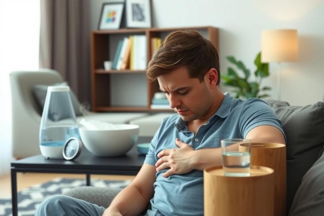 The image shows a man sitting on a couch in a modern living room. He appears to be resting his chin on his hand, possibly daydreaming or deep in thought. The room has a minimalist design with a neutral color scheme and contemporary furniture. 