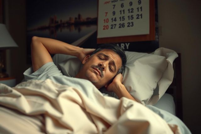 The image depicts a man lying in bed, appearing to be sick or exhausted. His eyes are closed and he has a hand near his forehead, possibly indicating discomfort or pain. The bed is well-made with white sheets and there's a calendar on the wall behind him.