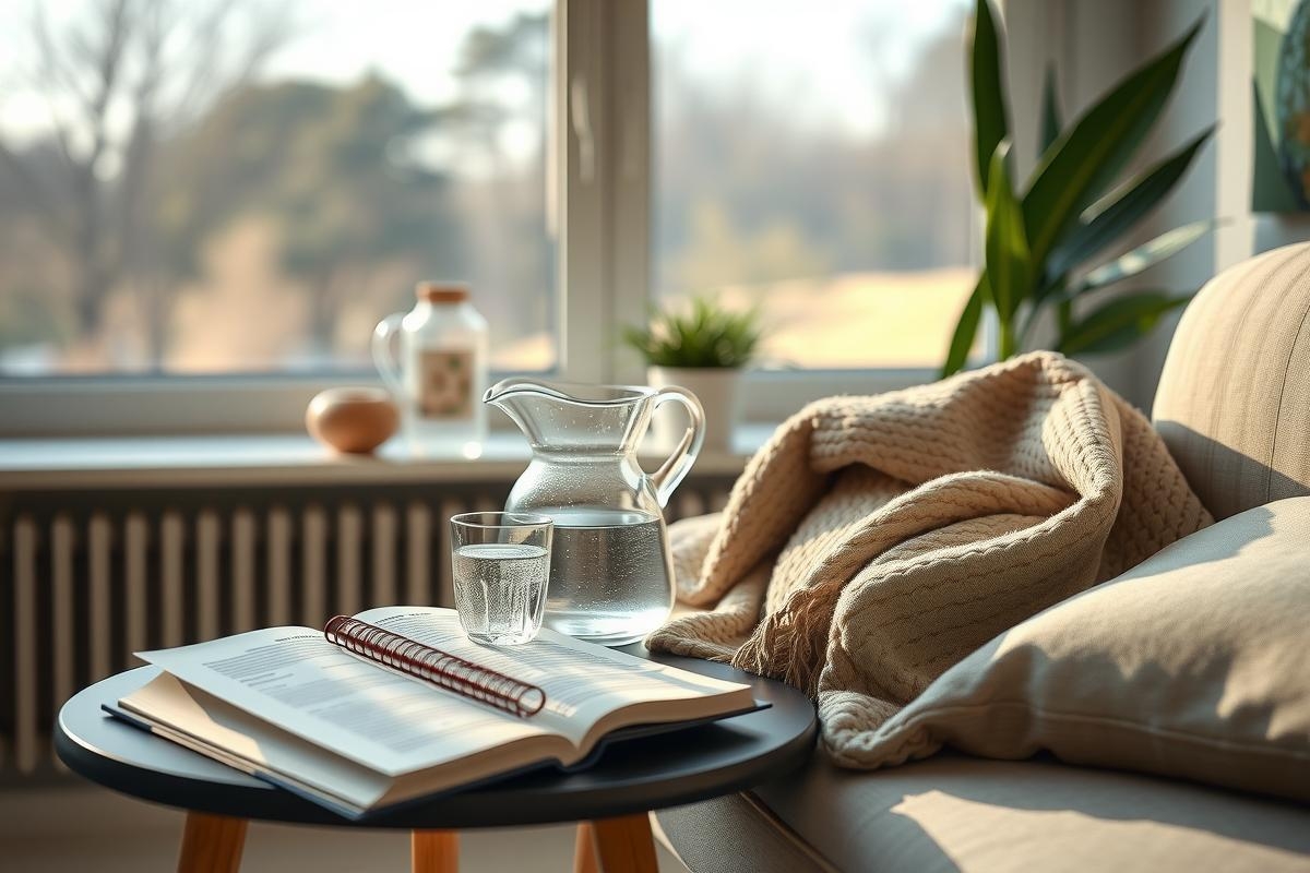 A serene and cozy living room scene with a window view, a couch adorned with blankets, and a coffee table featuring a book and some decor items.