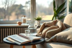 A serene and cozy living room scene with a window view, a couch adorned with blankets, and a coffee table featuring a book and some decor items.