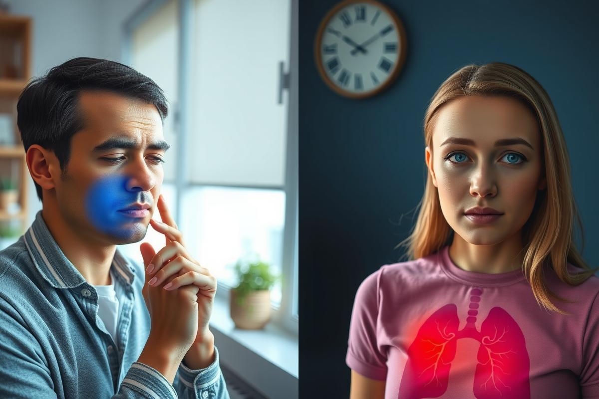 The image is a composite of two photos, with one half showing a man and the other showing a woman. The man's photo includes his face as he looks to the side, while the woman's photo features her from the chest up, wearing a red shirt that highlights an image of lungs, suggesting a focus on respiratory health or lung disease.